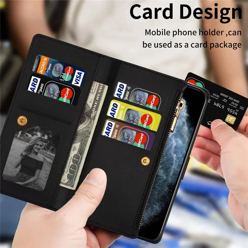 For iPhone 14 6.1 inch Anti-scratch Flip Leather Case, Laser Carving Glittery Starry Style Zipper Wallet Stand with Strap - Black