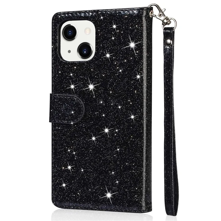 For iPhone 14 6.1 inch Zipper Pocket Glittery PU Leather Case Wallet Stand Magnetic Clasp Anti-fall Phone Cover - Black
