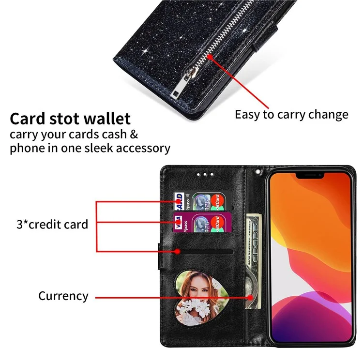 For iPhone 14 6.1 inch Zipper Pocket Glittery PU Leather Case Wallet Stand Magnetic Clasp Anti-fall Phone Cover - Black