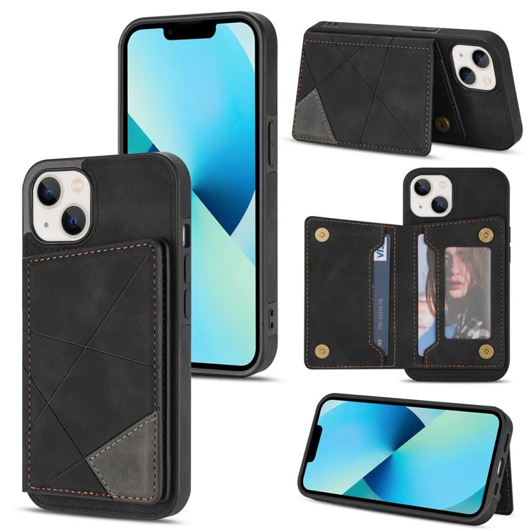 Per iPhone 14 6.1 inch Line Splicing Imprinted Phone Case Card Holder Kickstand Anti-scratch PU Leather Phone Cover - Nero