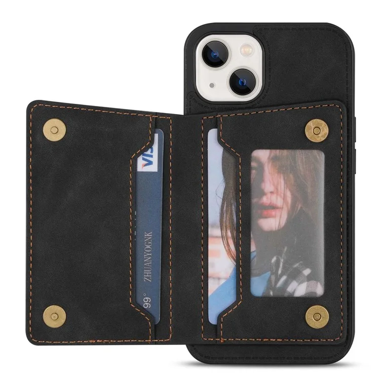 Per iPhone 14 6.1 inch Line Splicing Imprinted Phone Case Card Holder Kickstand Anti-scratch PU Leather Phone Cover - Nero