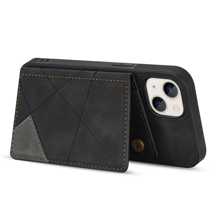 Per iPhone 14 6.1 inch Line Splicing Imprinted Phone Case Card Holder Kickstand Anti-scratch PU Leather Phone Cover - Nero