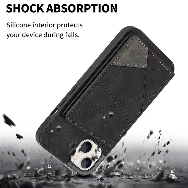 Per iPhone 14 6.1 inch Line Splicing Imprinted Phone Case Card Holder Kickstand Anti-scratch PU Leather Phone Cover - Nero
