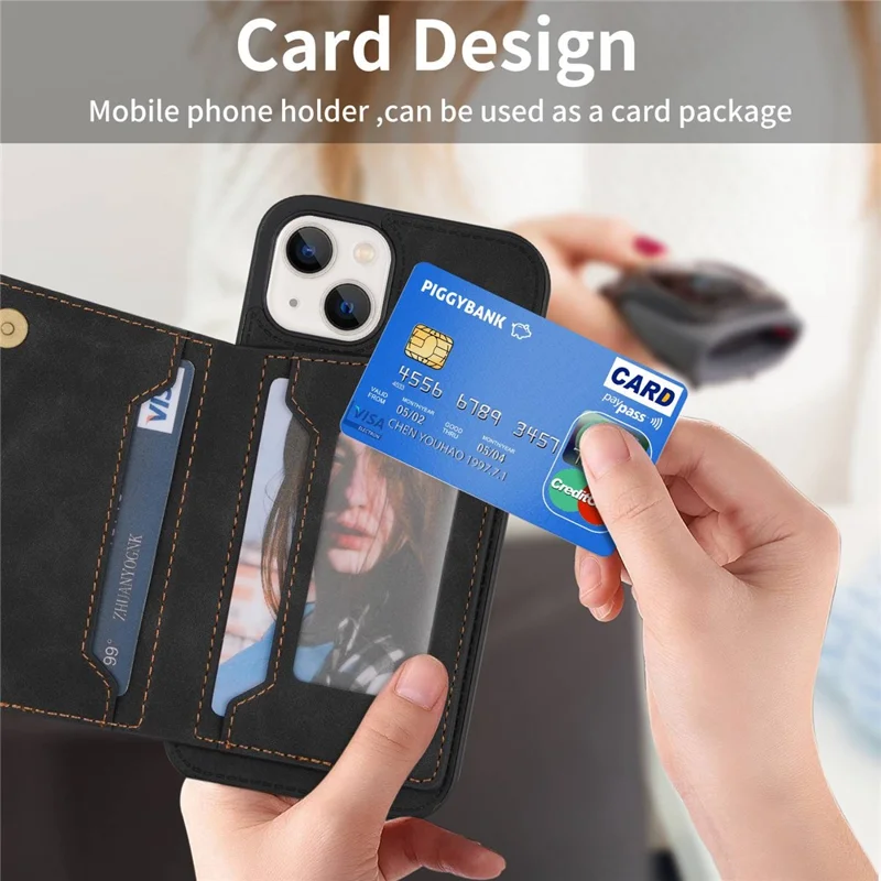 Per iPhone 14 6.1 inch Line Splicing Imprinted Phone Case Card Holder Kickstand Anti-scratch PU Leather Phone Cover - Nero