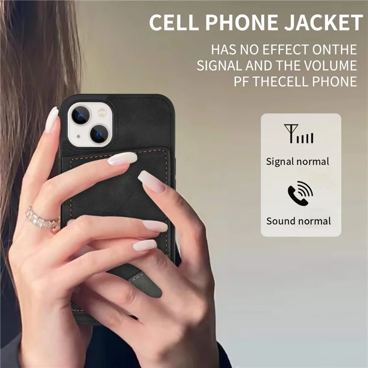 Per iPhone 14 6.1 inch Line Splicing Imprinted Phone Case Card Holder Kickstand Anti-scratch PU Leather Phone Cover - Nero