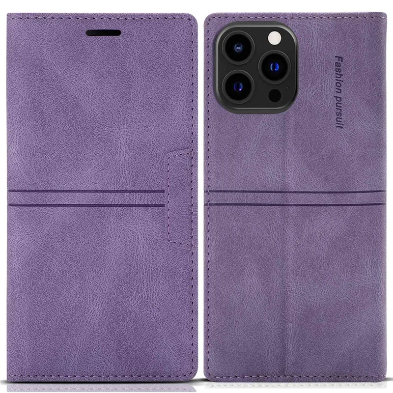 For iPhone 14 Pro Max 6.7 inch Anti-fall PU Leather Wallet Case Magnetic Auto-absorbed Phone Cover with Stand - Purple