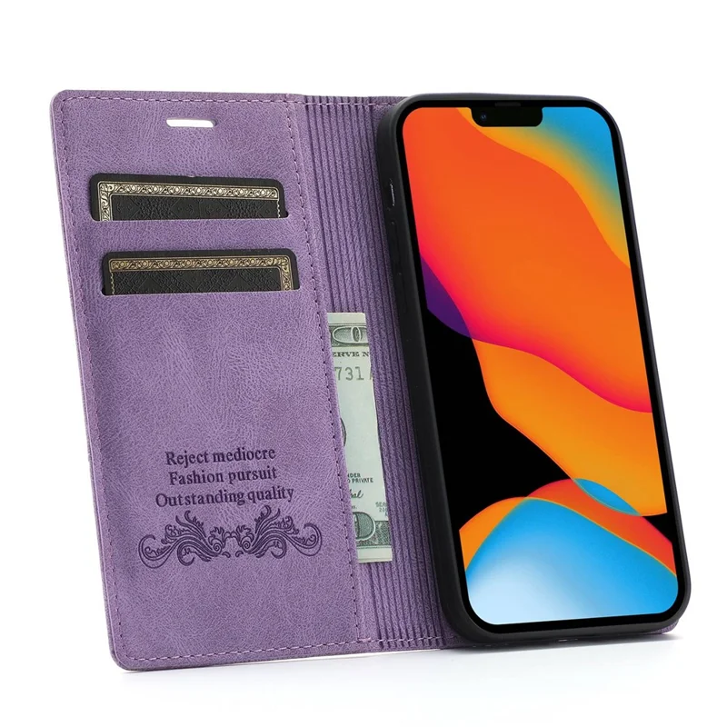 For iPhone 14 Pro Max 6.7 inch Anti-fall PU Leather Wallet Case Magnetic Auto-absorbed Phone Cover with Stand - Purple