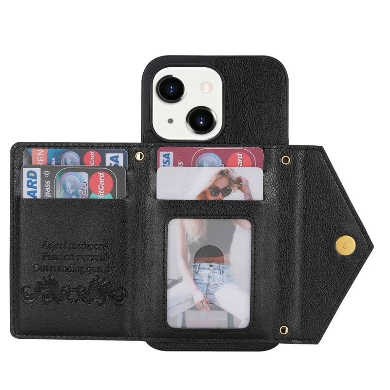 n. Bekus Phone Wallet Case Для Iphone 14 6,1 Дюйма, Антиболочная Кожаная Кожаная Крышка с Кожаным Покрытием, Держатель Карты с Задним Покрытием с Ремешком с Ремешком с Ремешком - Черный