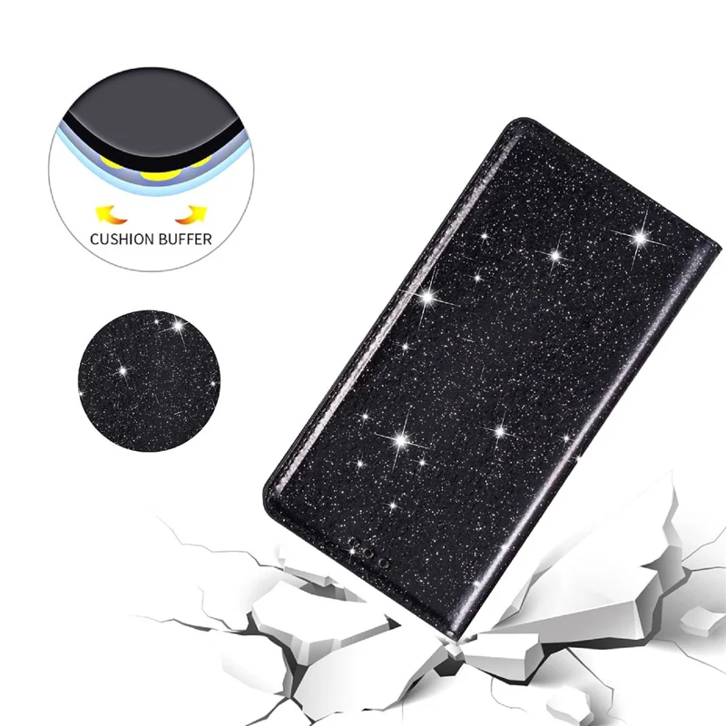 For iPhone 14 Pro 6.1 inch Glitter Sequins Stand Card Holder Anti-scratch PU Leather Protective Phone Case Cover - Black