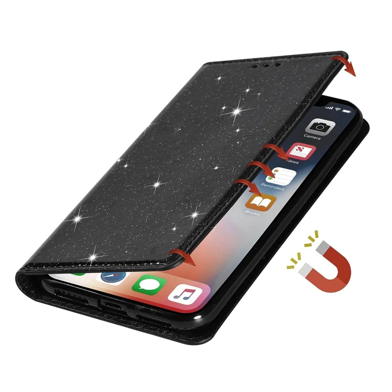 For iPhone 14 Pro 6.1 inch Glitter Sequins Stand Card Holder Anti-scratch PU Leather Protective Phone Case Cover - Black