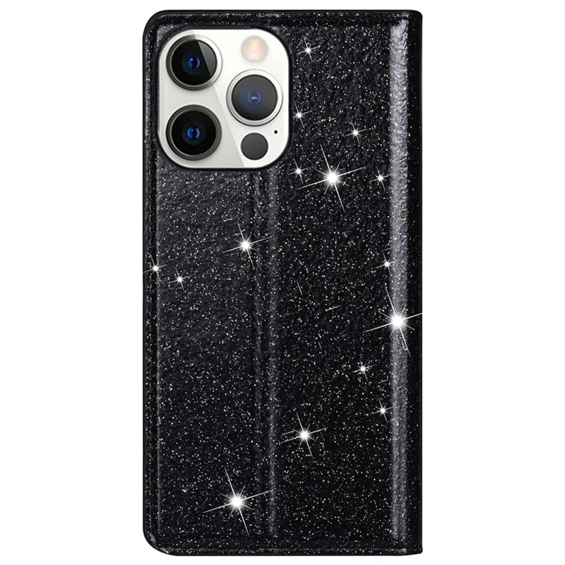 For iPhone 14 Pro 6.1 inch Glitter Sequins Stand Card Holder Anti-scratch PU Leather Protective Phone Case Cover - Black