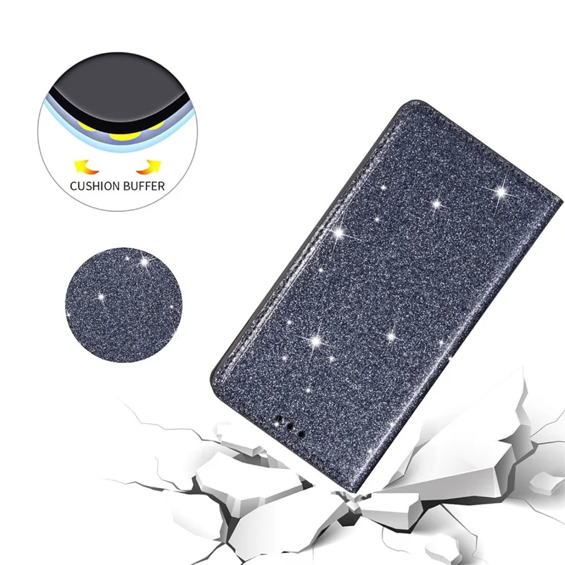 For iPhone 14 Plus 6.7 inch Glitter Sequins Stand Card Holder PU Leather Fall Proof Protective Phone Case Cover - Grey