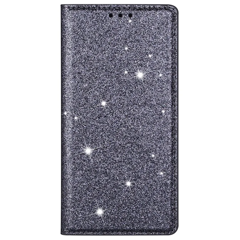 For iPhone 14 Plus 6.7 inch Glitter Sequins Stand Card Holder PU Leather Fall Proof Protective Phone Case Cover - Grey