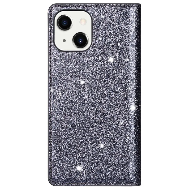 For iPhone 14 Plus 6.7 inch Glitter Sequins Stand Card Holder PU Leather Fall Proof Protective Phone Case Cover - Grey