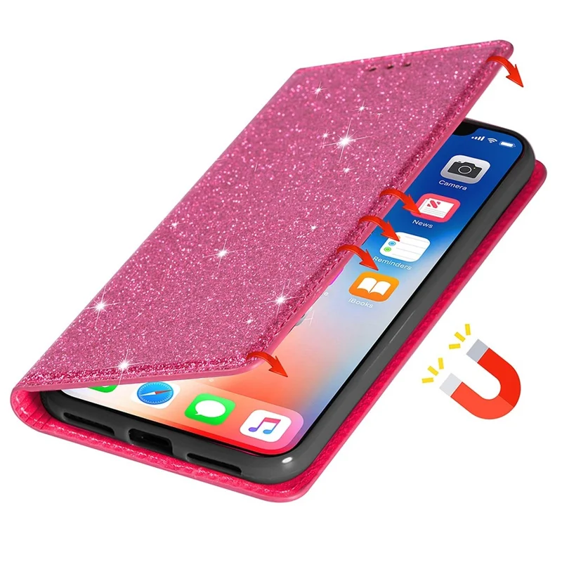 For iPhone 14 Plus 6.7 inch Glitter Sequins Stand Card Holder PU Leather Fall Proof Protective Phone Case Cover - Rose