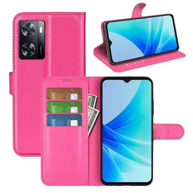 PU Leather Stand Wallet Phone Case for Oppo A57 4G / A57s 4G, Litchi Texture Full Protection Folio Flip Cover - Rose