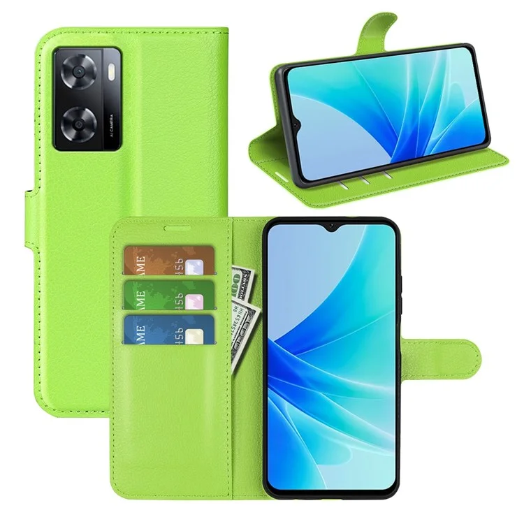 PU Leather Stand Wallet Phone Case for Oppo A57 4G / A57s 4G, Litchi Texture Full Protection Folio Flip Cover - Green