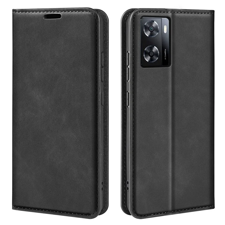 For Oppo A57 4G / A57s 4G Skin-Touch Leather Case Wallet Stand Drop-Proof Protection Phone Cover - Black