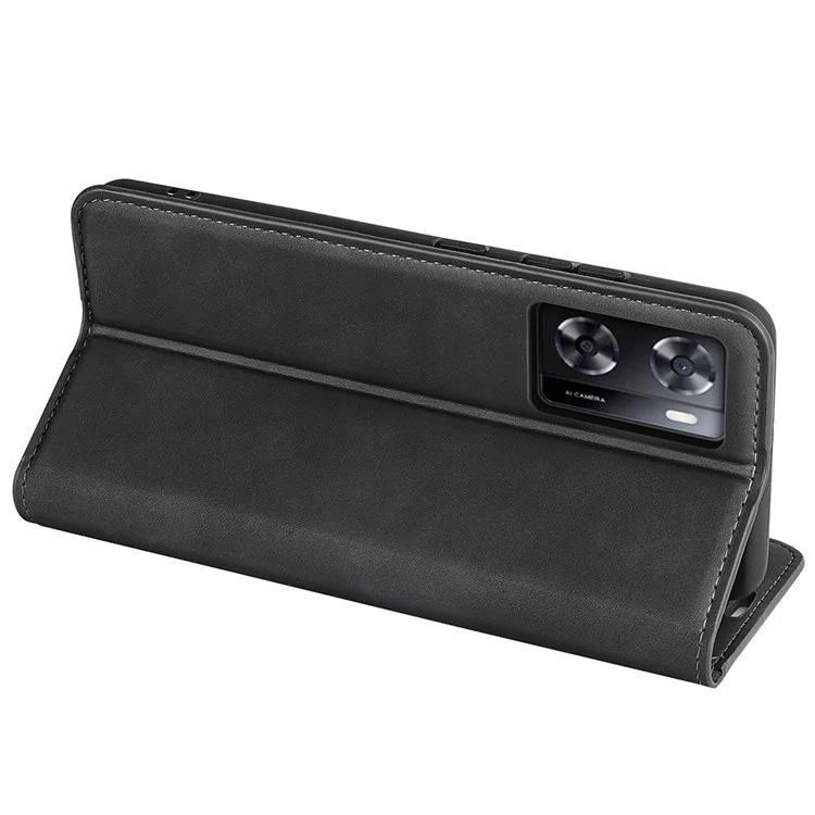 For Oppo A57 4G / A57s 4G Skin-Touch Leather Case Wallet Stand Drop-Proof Protection Phone Cover - Black