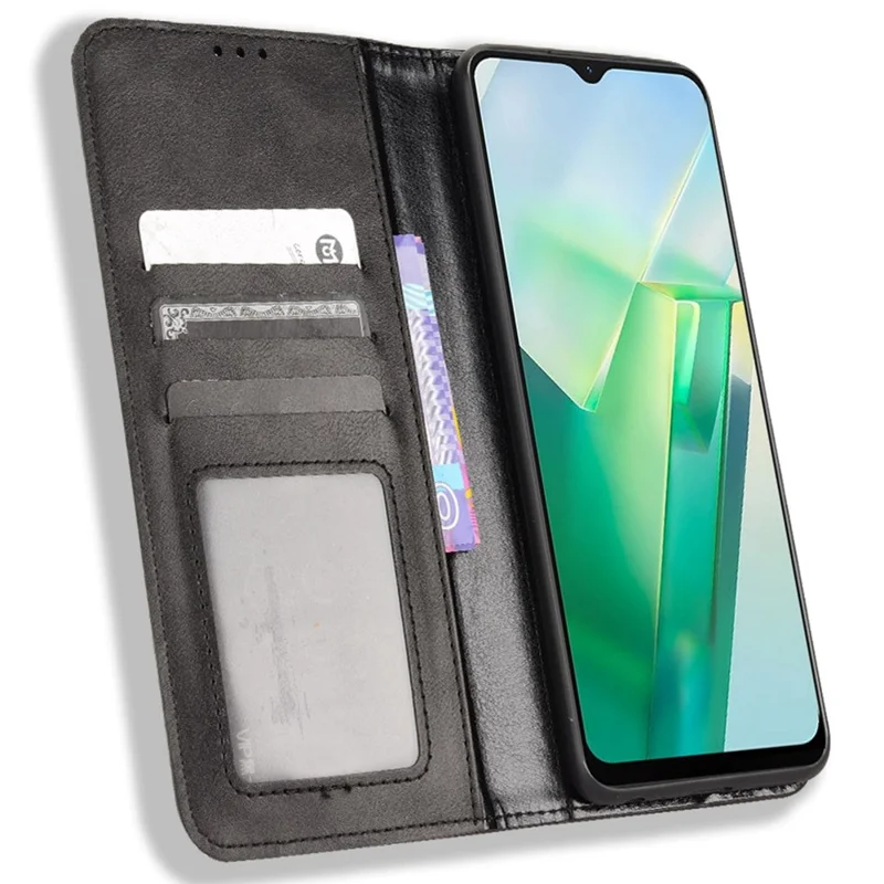 Voor vivo T2x 5G Retro Structuur Leren Telefoonhoesje Stand Magneet Sluiting Portemonnee Stijl Schokbestendige Hoes - Zwart