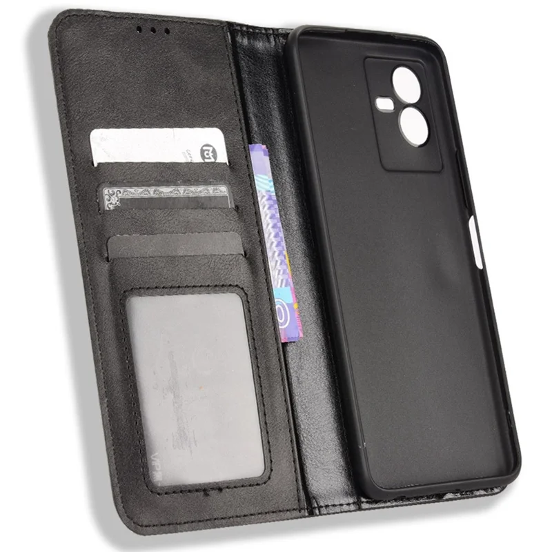 Voor vivo T2x 5G Retro Structuur Leren Telefoonhoesje Stand Magneet Sluiting Portemonnee Stijl Schokbestendige Hoes - Zwart