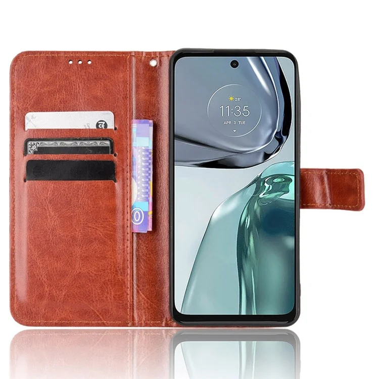 Pour Motorola Moto G62 5G Stand Wallet Scratch-resistant Phone Case Crazy Horse Texture PU Leather Protective Shell - Marron