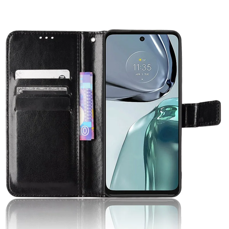 حالة هاتف محمول بتصميم جلد خشن من مادة البولي يوريثان للحماية مع حامل ومحفظة لجهاز Motorola Moto G62 5G - أسود