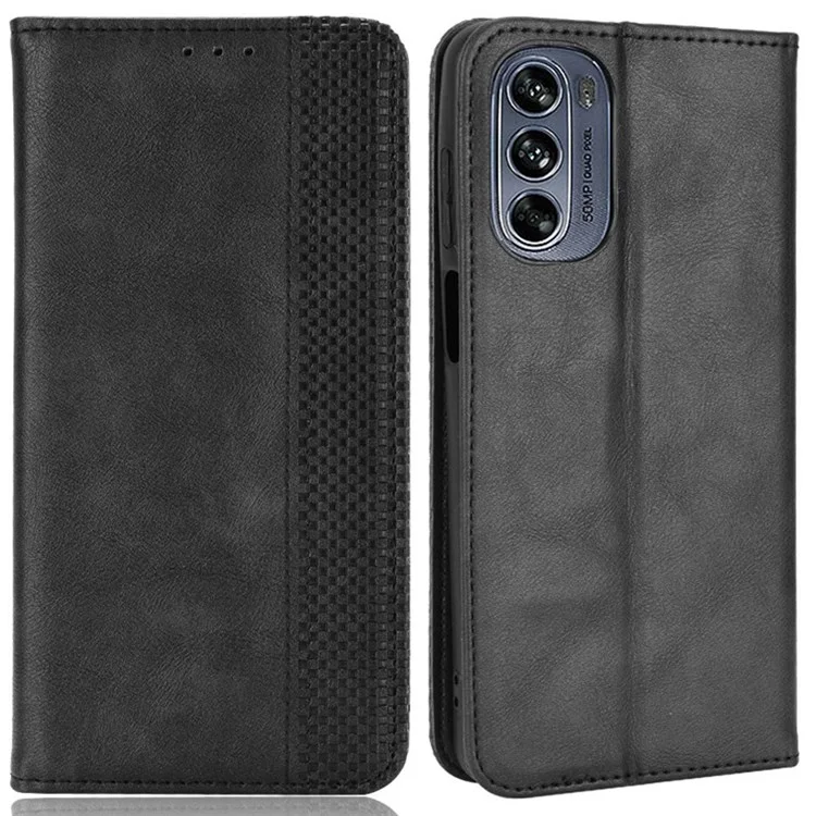 Pour Motorola Moto G62 5G Retro Texture Cuir Flip Téléphone TPU Shell Inner Seck Absorption Magnétique Folio Portefeuille Couverture - Noir