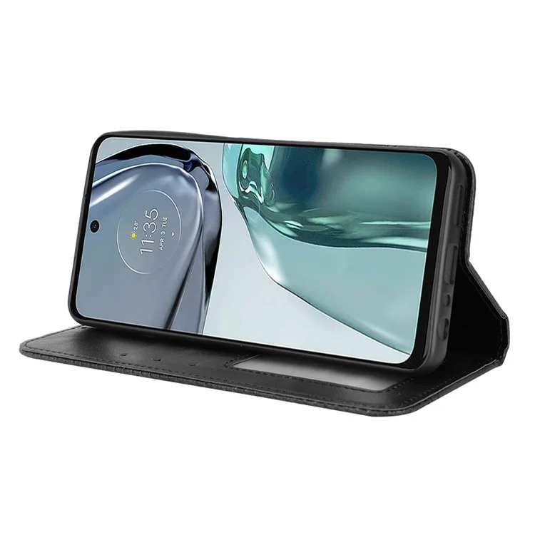 Pour Motorola Moto G62 5G Retro Texture Cuir Flip Téléphone TPU Shell Inner Seck Absorption Magnétique Folio Portefeuille Couverture - Noir