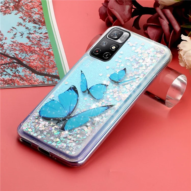 For Xiaomi Redmi Note 11 5G Moving Liquid Case Embossment Pattern Soft Flexible TPU Skin Cover - Blue Butterflies