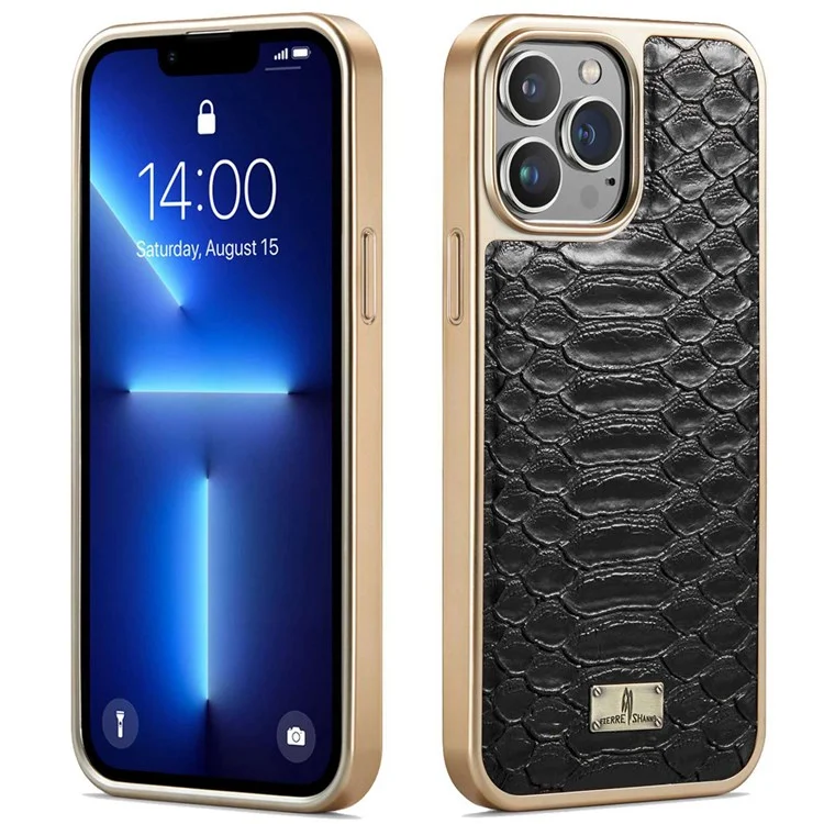 Fierre Shann Pour Iphone 13 Pro Max 6,7 Pouces Grip Grip Snake Texture PU Cuir en Revêtement Revêtu PC Back Shell Electroplate Edge Mobile Phone Cover - le Noir