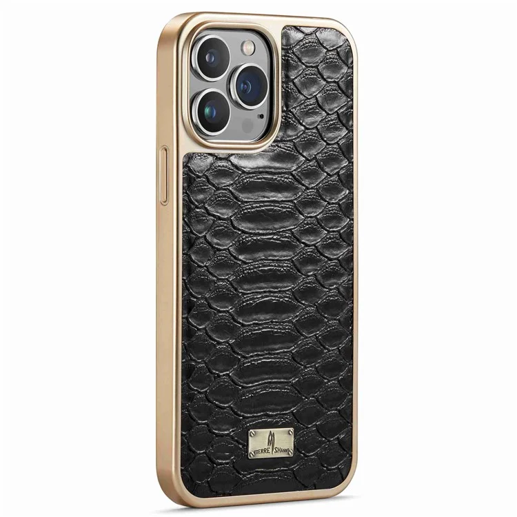 Fierre Shann Pour Iphone 13 Pro Max 6,7 Pouces Grip Grip Snake Texture PU Cuir en Revêtement Revêtu PC Back Shell Electroplate Edge Mobile Phone Cover - le Noir