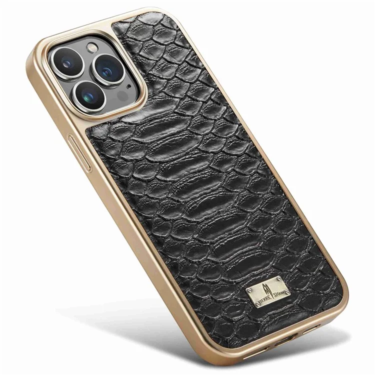 Fierre Shann Pour Iphone 13 Pro Max 6,7 Pouces Grip Grip Snake Texture PU Cuir en Revêtement Revêtu PC Back Shell Electroplate Edge Mobile Phone Cover - le Noir