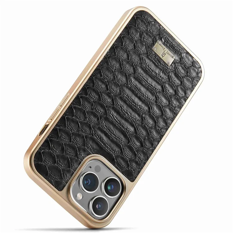 Fierre Shann Pour Iphone 13 Pro Max 6,7 Pouces Grip Grip Snake Texture PU Cuir en Revêtement Revêtu PC Back Shell Electroplate Edge Mobile Phone Cover - le Noir