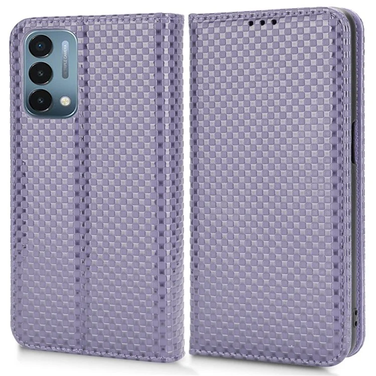 For OnePlus Nord N200 5G Anti-scratch Phone Cover Grid Texture PU Leather Auto Closing Stand Design Wallet Cell Phone Case - Light Purple