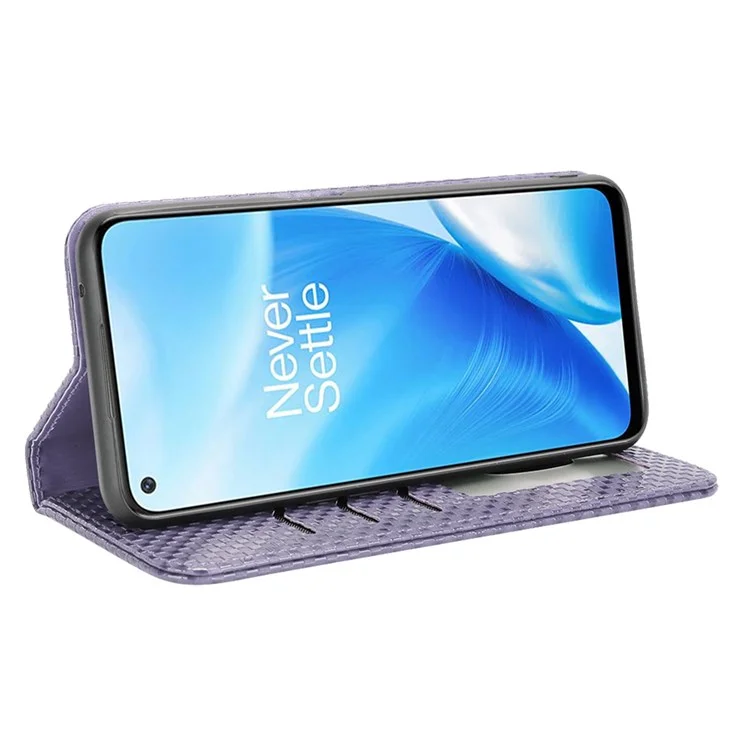 For OnePlus Nord N200 5G Anti-scratch Phone Cover Grid Texture PU Leather Auto Closing Stand Design Wallet Cell Phone Case - Light Purple