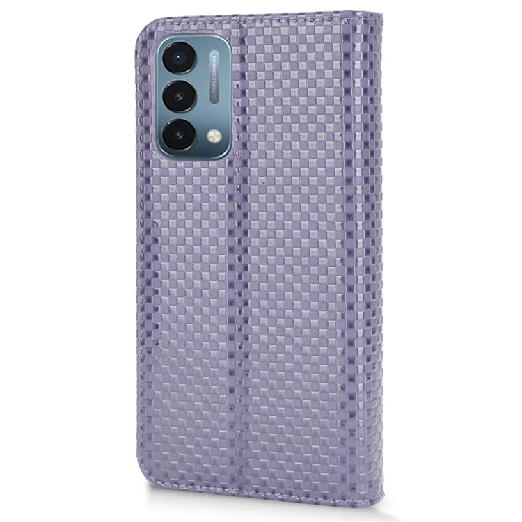 For OnePlus Nord N200 5G Anti-scratch Phone Cover Grid Texture PU Leather Auto Closing Stand Design Wallet Cell Phone Case - Light Purple