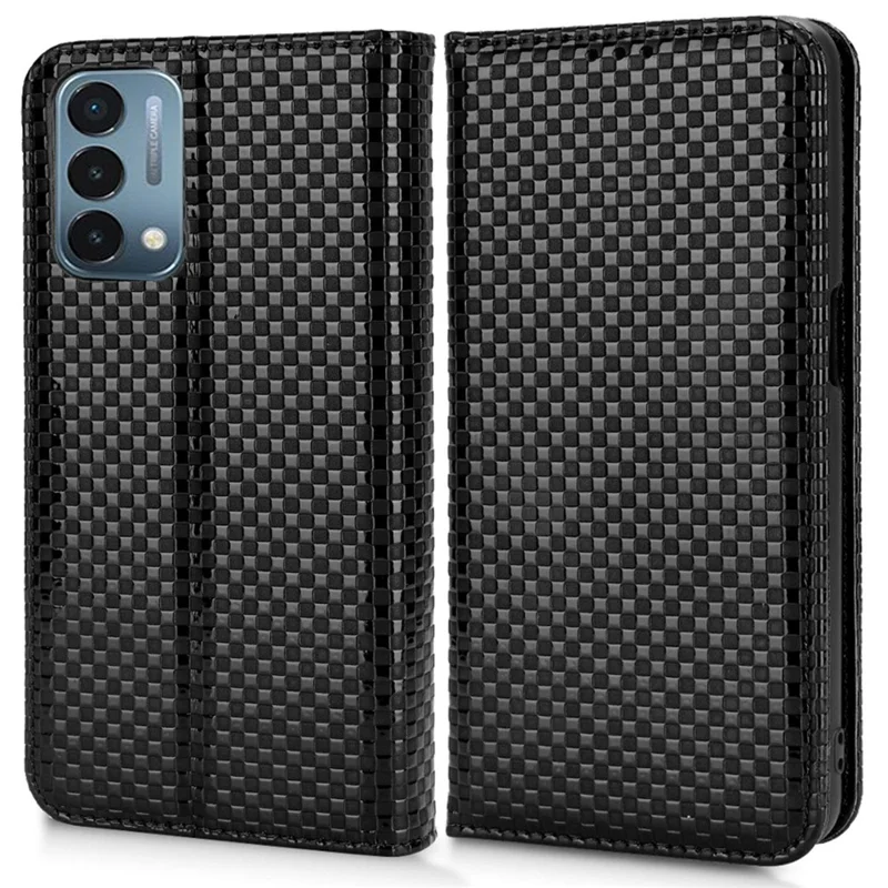 For OnePlus Nord N200 5G Anti-scratch Phone Cover Grid Texture PU Leather Auto Closing Stand Design Wallet Cell Phone Case - Black