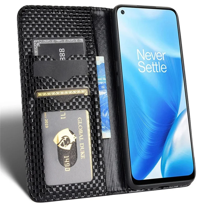 For OnePlus Nord N200 5G Anti-scratch Phone Cover Grid Texture PU Leather Auto Closing Stand Design Wallet Cell Phone Case - Black