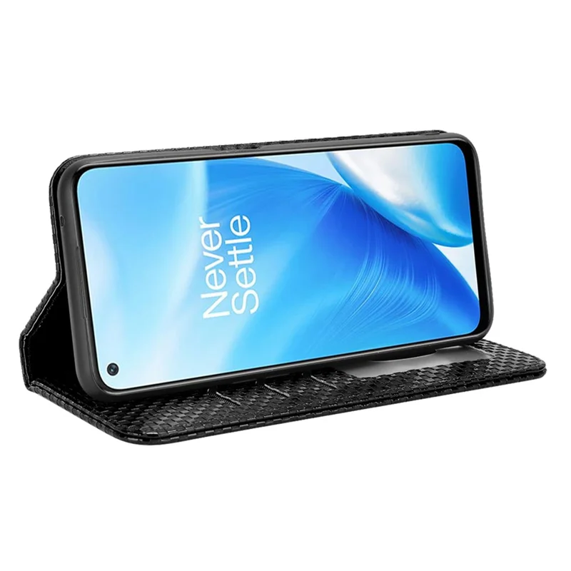 For OnePlus Nord N200 5G Anti-scratch Phone Cover Grid Texture PU Leather Auto Closing Stand Design Wallet Cell Phone Case - Black