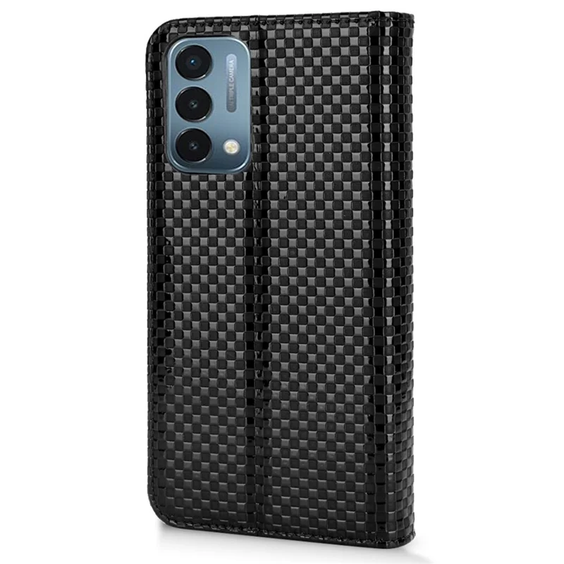 For OnePlus Nord N200 5G Anti-scratch Phone Cover Grid Texture PU Leather Auto Closing Stand Design Wallet Cell Phone Case - Black