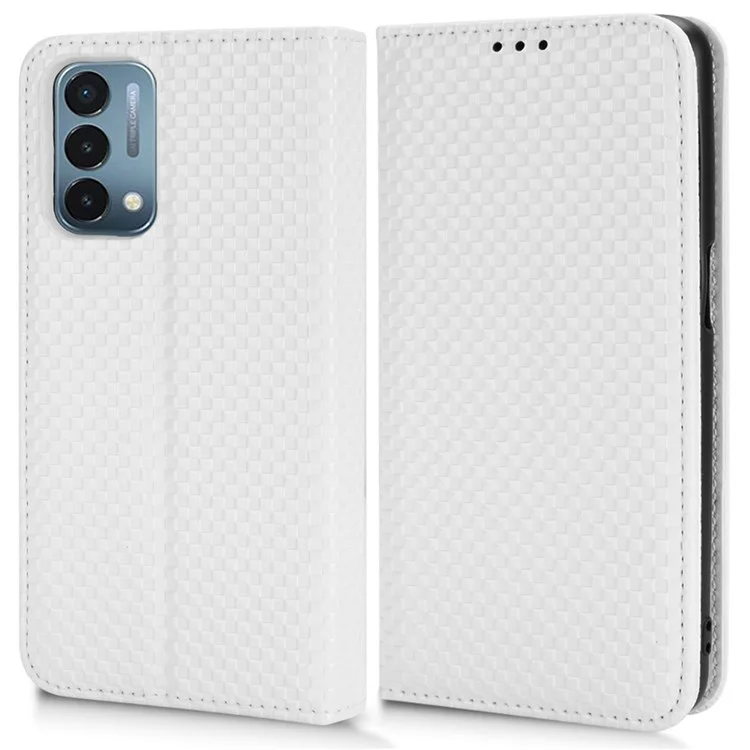 Für OnePlus Nord N200 5G Anti-scratch Phone Decknetz Textur PU Leder Auto Closing Stand Design Wallet Mobiltelefon Hülle - Weiß