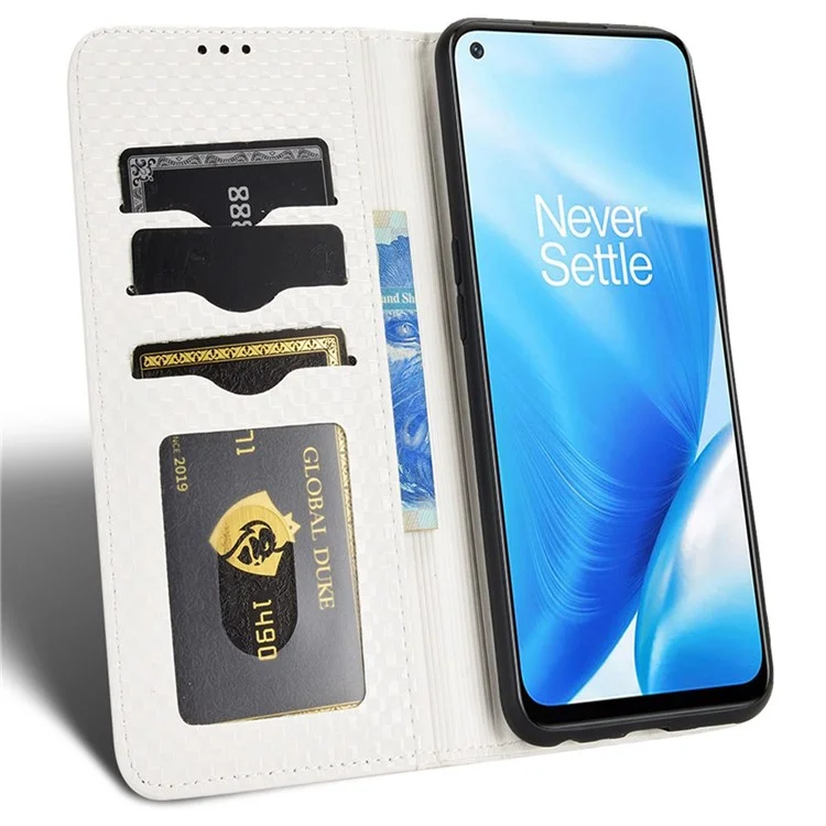 Für OnePlus Nord N200 5G Anti-scratch Phone Decknetz Textur PU Leder Auto Closing Stand Design Wallet Mobiltelefon Hülle - Weiß