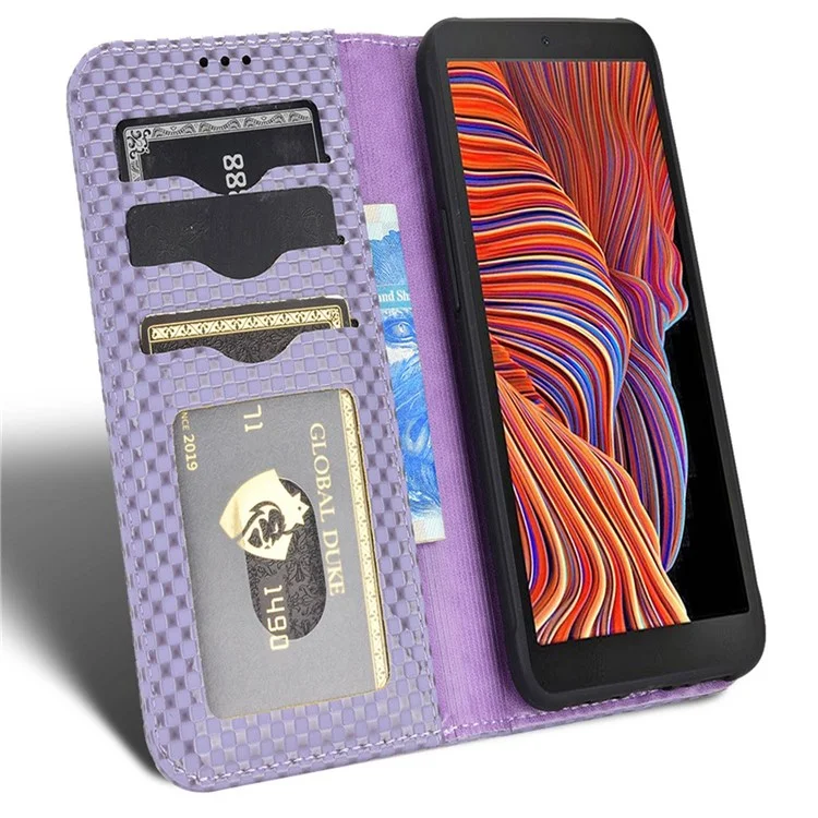 For Samsung Galaxy Xcover 5 Anti-scratch Leather Phone Cover Grid Texture Magnetic Auto Closing Stand Design Wallet Phone Case - Light Purple