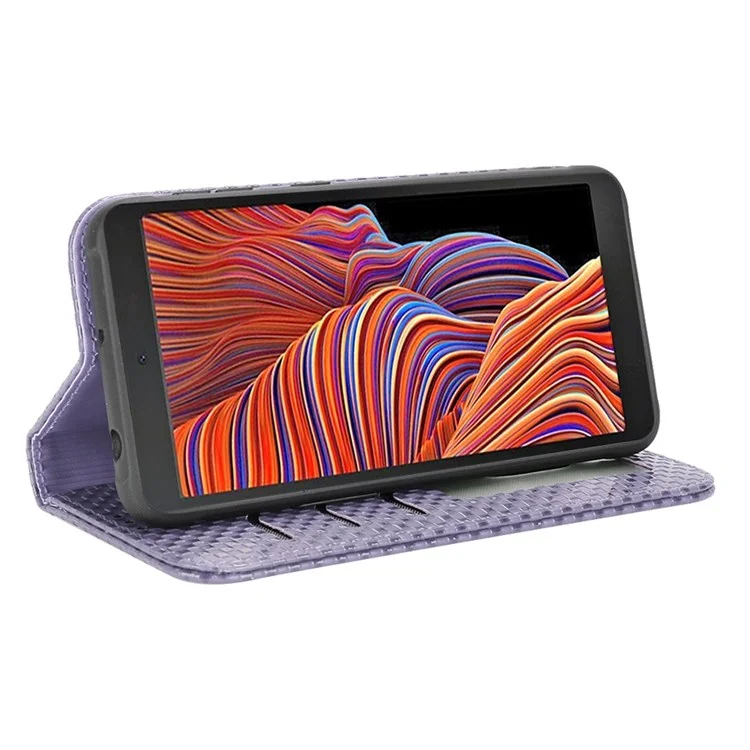 For Samsung Galaxy Xcover 5 Anti-scratch Leather Phone Cover Grid Texture Magnetic Auto Closing Stand Design Wallet Phone Case - Light Purple
