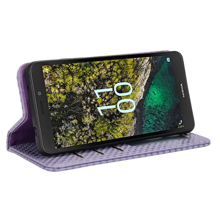 For Nokia C100 4G PU Leather Stand Wallet Cover Grid Texture Auto Closing Magnetic Phone Case - Light Purple