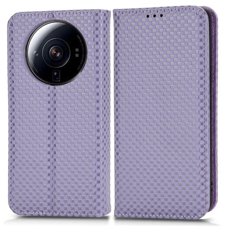 For Xiaomi 12S Ultra 5G PU Leather Grid Texture Folio Flip Phone Case Stand Wallet Magnetic Auto Closing Cover - Light Purple