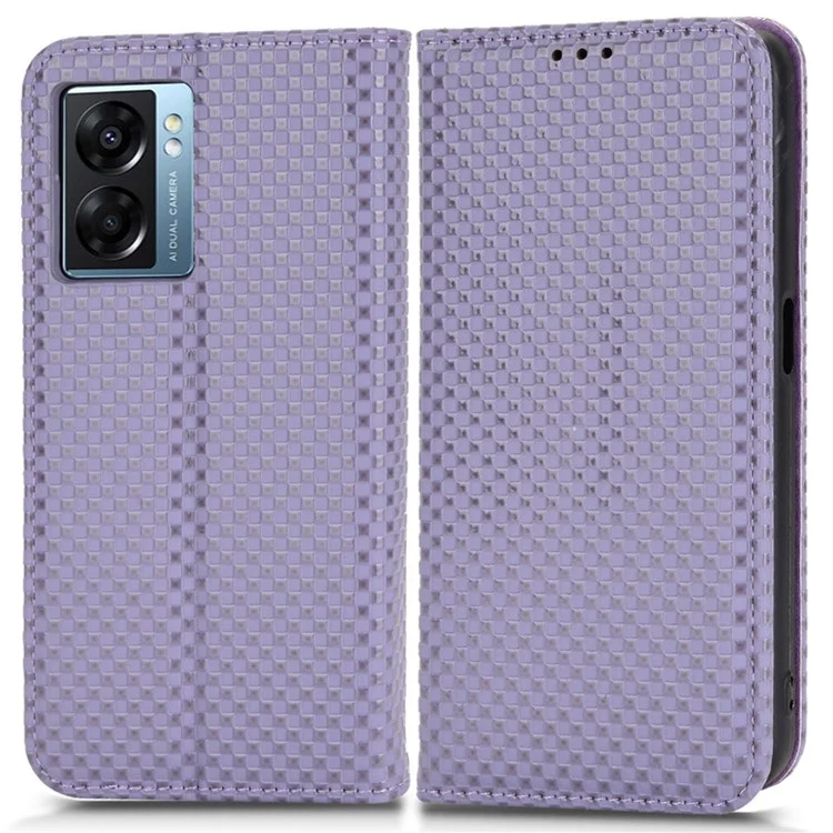 Pour Oppo A57 (2022) 5G / A77 5G / Realme Narzo 50 5G / V23 5G Texture de Grille PU Porte-support Portefeuille Magnétique Magnétique Auto-absorbed Téléphone Couverture - Violet Clair