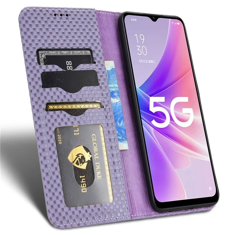 Pour Oppo A57 (2022) 5G / A77 5G / Realme Narzo 50 5G / V23 5G Texture de Grille PU Porte-support Portefeuille Magnétique Magnétique Auto-absorbed Téléphone Couverture - Violet Clair