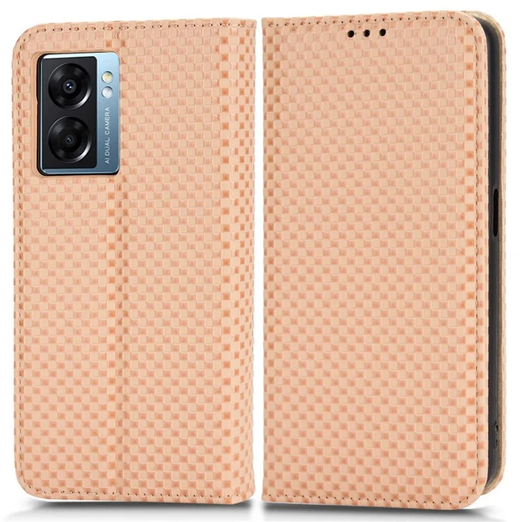 Per Oppo A57 (2022) 5G / A77 5G / Realme Narzo 50 5G / V23 5G Grid Tetture PU Coperchio Del Polattore Magnetico Autosorbito Magnetic - Beige